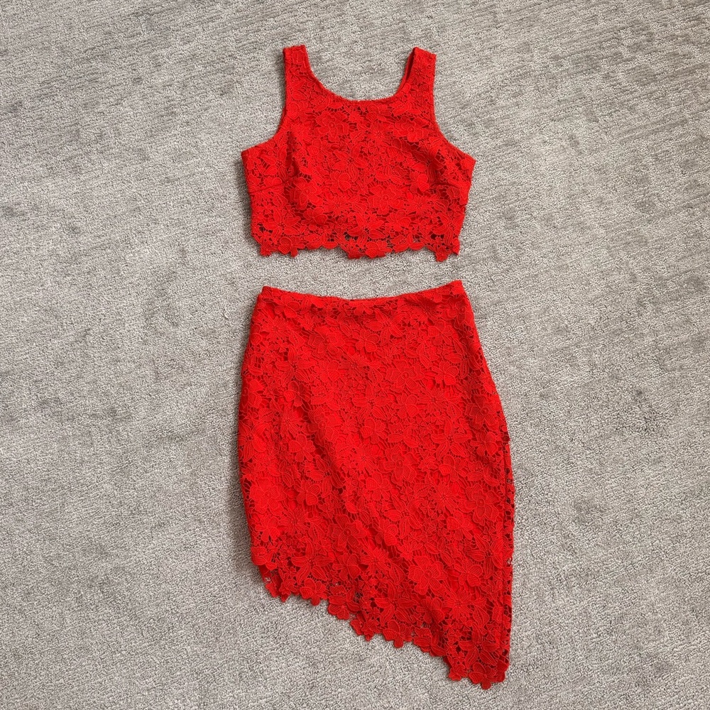 bebe Lace Matching Top & Skirt Set - Red/Orange
